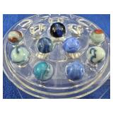 9 Vintage Blue & Green Swirl Glass Marbles