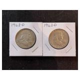 1962 D & 1963 D Franklin Silver Half Dollars