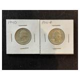 1940 & 1941 D Silver Washington Quarters