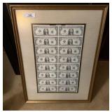 Framed Un-Cut One Dollar Bills