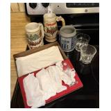 3 Beer Mugs & Liquor Glasses