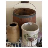 Decorative Bucket & 2 Stoneware Jars