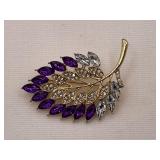 Ornate Purple Crystal Leaf Brooch