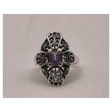 Sterling Silver Ornate Estate Amethyst Dinner Ring