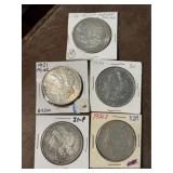 Five 1921 Morgan Silver Dollars