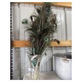 Lot of Real Peacock Feathers & Vase