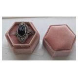 Vintage Onyx & Marcasite Ornate Sterling Ring