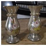 Vintage Mercury Glass Painted Floral Mantle Vases