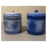 2 Blue & White Stoneware Cannisters with lids
