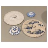 4 Blue & White Stoneware Lids