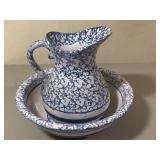 Blue & White Banded Stoneware Pitcher and Bowl