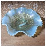 Aqua Opalescent Peacocks On The Fence Bowl