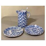 Blue & White Spongeware Pitcher and 2 Plates