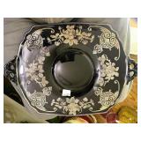 Antique Black Milk Glass Tray Silver Overlay
