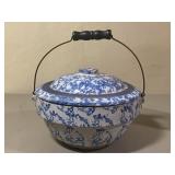 Blue & White Stoneware Bowl With Wire Handle