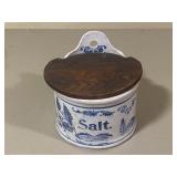Blue & White Salt Crock with Wood Lid