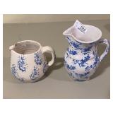 2 Blue & White Stoneware Pitchers