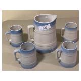 Blue & White Stoneware Pitcher & 4 Mugs