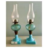Two Antique Blue Milk Glass Oil Lamps