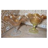 Two Peacock & Urn Carnival Glass Compotes