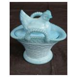 Vintage Westmoreland Blue Milk Glass Hen on Basket