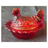 Vintage Mosser Amberina Mini Hen on Nest