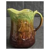 Majolica Green & Brown Cow Pitcher w/Florals