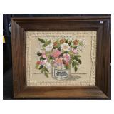Vintage Framed Crewel of Flowers in Jar