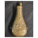 Vintage Brass Powder Flask w/Cannon/Flag Scene