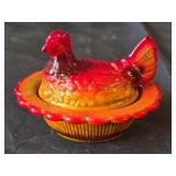 Vintage Mosser Amberina Mini Hen on Nest