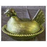 Vintage Indiana Glass Olive Green Hen on Nest