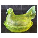Vintage LG Wright Vaseline Glass Hen on Nest