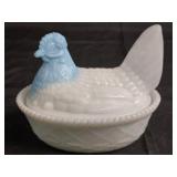 Westmoreland Blue Head Milk Glass Hen on Nest