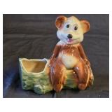 American Bisque Ceramic Bear on Log Planter