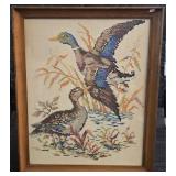 Large Vintage Framed Cross-stitch "The Mallards"