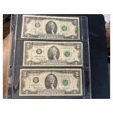 3 1976 Green Seal Two Dollar Bills
