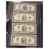 4 Green Seal Two Dollar Bills