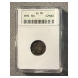 AU58 1892 Barber Silver Dime