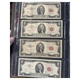 4 Red Seal Two Dollar Bills