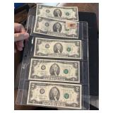 5 Green Seal Two Dollar Bills