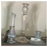 3 Pieces Stretch Glass, 2 Candleholders & Bud Vase