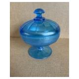 Blue Stretch Glass Covered Compote / Candy Dish
