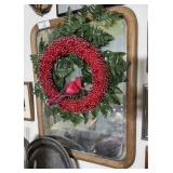 Oak Framed Beveled Wall Mirror & Cardinal Wreath