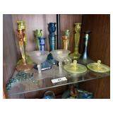 Shelf of Art Glass Candlesticks & Misc.