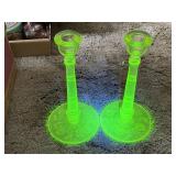 Pair of Etched Vaseline Glass Candlesticks
