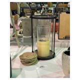 Metal & Glass Lantern & Woven Coasters