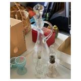 Vintage Etched Glass Wine Decanter & 2 Oil Lamps