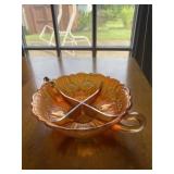 Double Handle Divided Carnival Glass Bowl