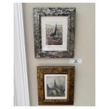Pair Signed European Color Etchings