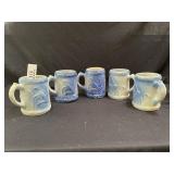 5 Flying Bird Blue & White Stoneware Mugs